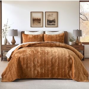 Homzard Velvet Quilt Set Queen Size Bedding Set, Golden Brown Comforter Bedsprea
